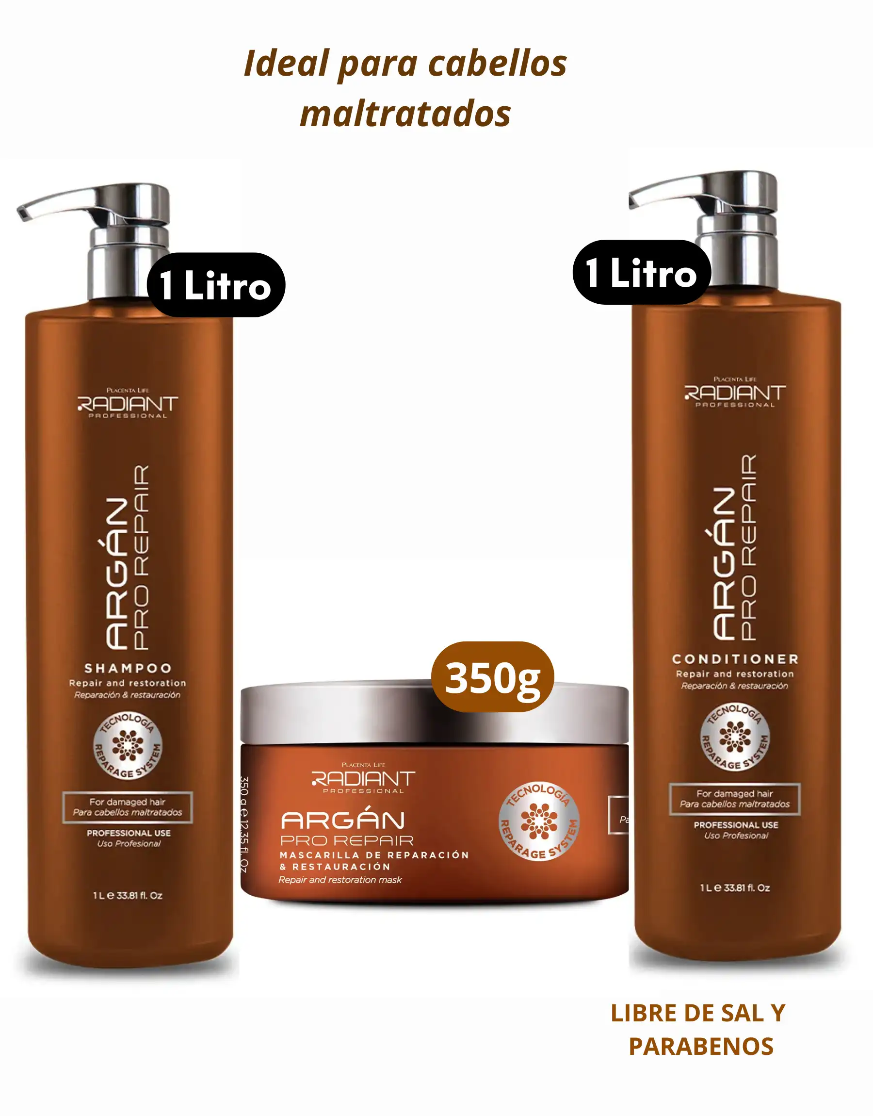 Pack Shampoo y Acondicionador 1000ml + Mascarilla 350g Argán Pro Repair Radiant